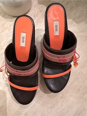 Prada NWOT Leather Wedge Sandals 36.5 EU Coral Orange Brown Floral Made in Italy